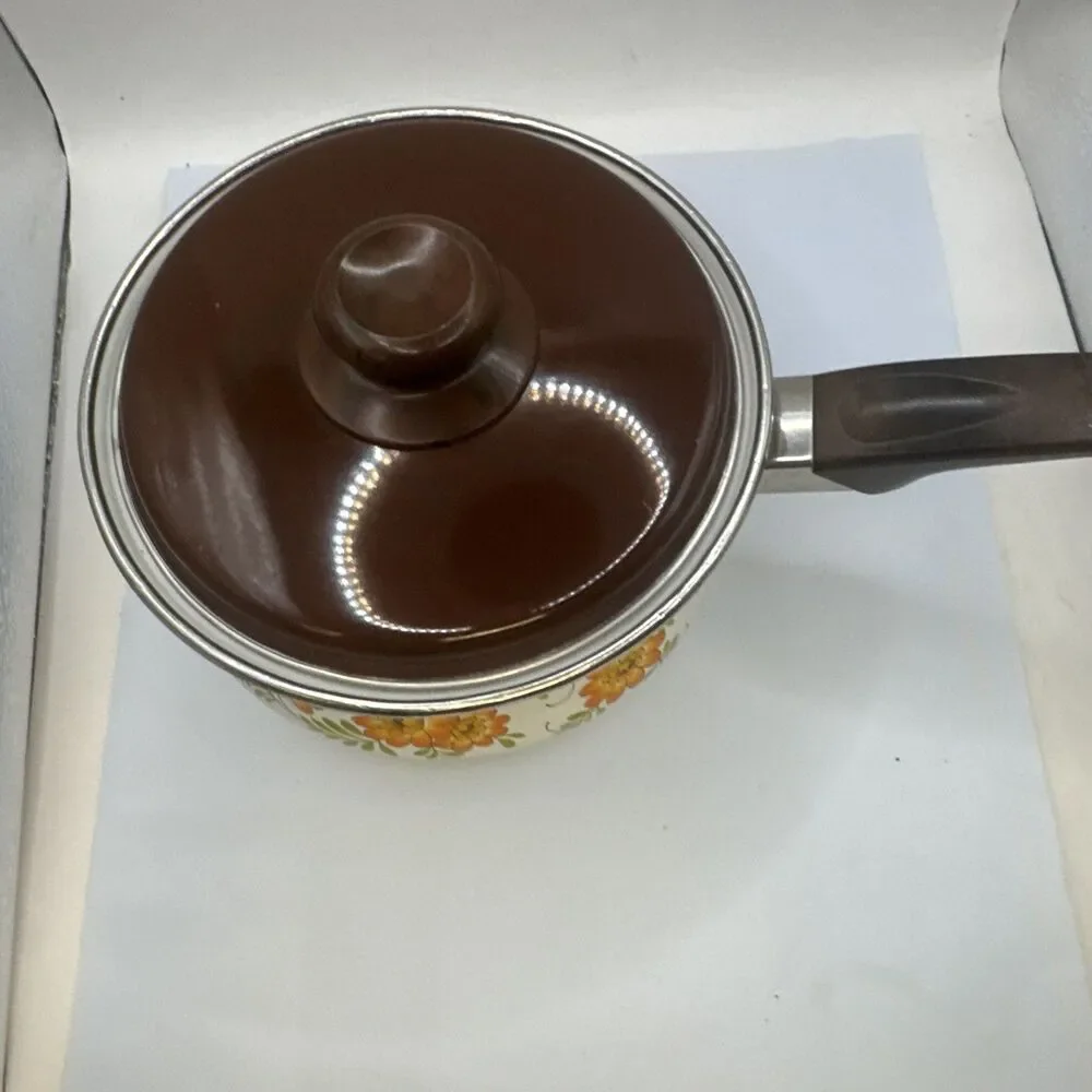 Vintage Enamel Floral 3-Pc Frying Pan Saucepan & Lid Set, Electric/Gas